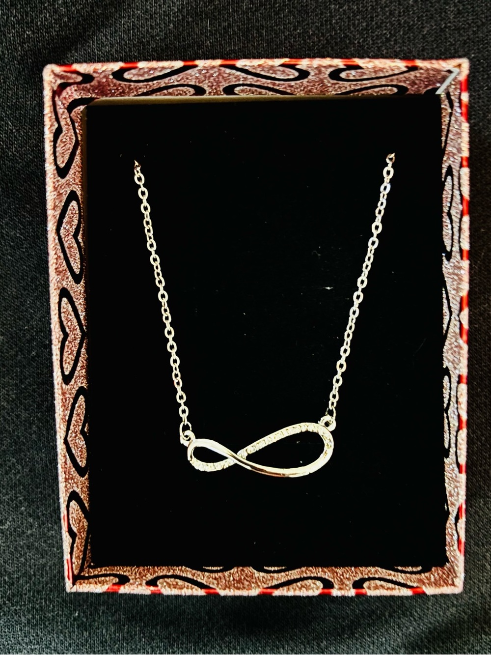 Silver Tone Infinity Pendant Necklace with diamond like accents with gift box